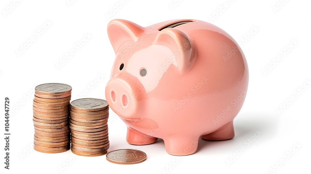 Poster vibrant pink piggy bank standing on a bright white background with a set of rising coin stacks illus