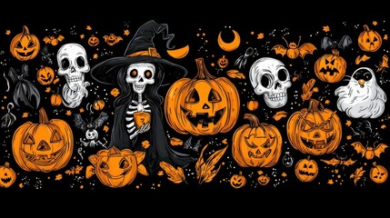 A charming collection of Halloween doodles featuring delightful witches, jolly skeletons, and adorable cats, perfect for a playful and festive Halloween atmosphere.