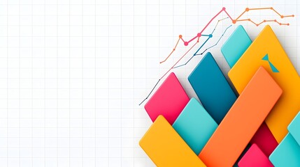 Complex graph with intersecting vibrant line charts and bars set against a clean grid on a white background representing multi layered data analysis and visualization for business finance