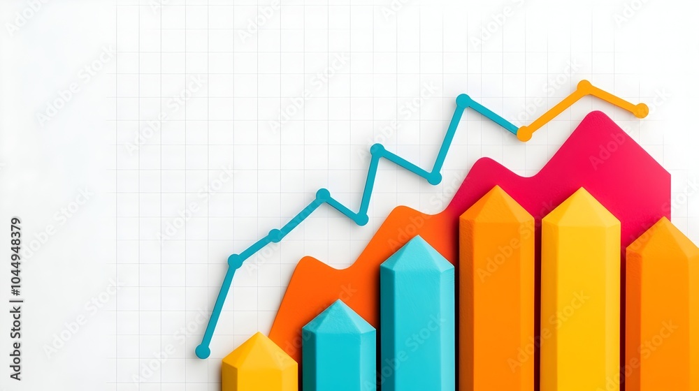 Poster Vibrant and dynamic data visualization featuring bold line charts overlaid on a transparent bar chart set against a white grid background representing detailed and intricate data trends and analytics