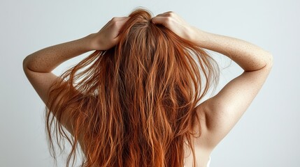 Fototapeta premium Woman holding her head with hands showing long red hair in a studio setting