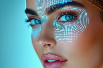 beautiful woman with biometric data being captured on her face. there is an AI system, digital blue lights. there is technology that captures facial features for virtual identity generation.