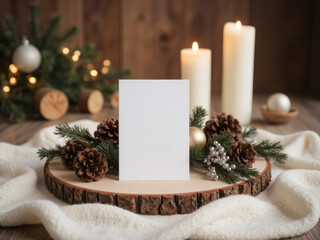 blank christmas paper card on rustic wood slices, surrounded by pinecones, candles and christmas decor. Warm, festive hygge atmosphere. Paper card mockup
