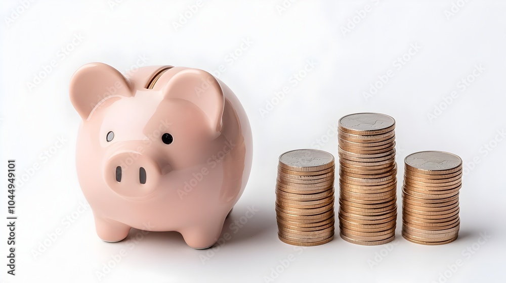 Poster soft pink piggy bank positioned beside growing stacks of coins on a white background illustrating th