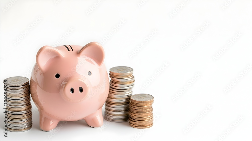 Poster a pink piggy bank standing beside ascending stacks of coins on a clean white background representing