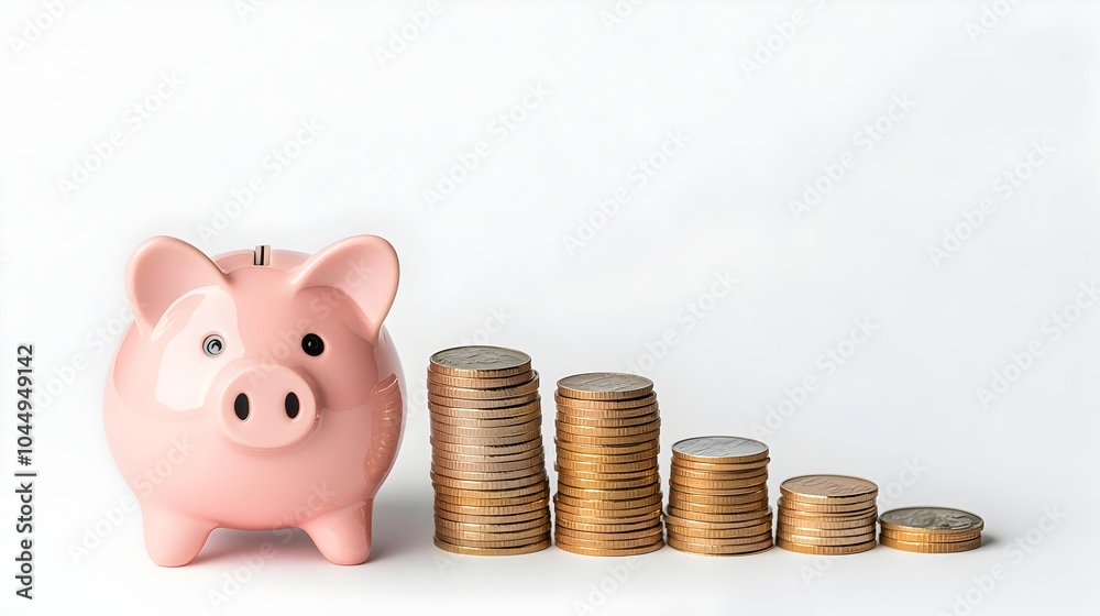 Poster a cute pink piggy bank placed next to growing stacks of coins on a plain white background symbolizin