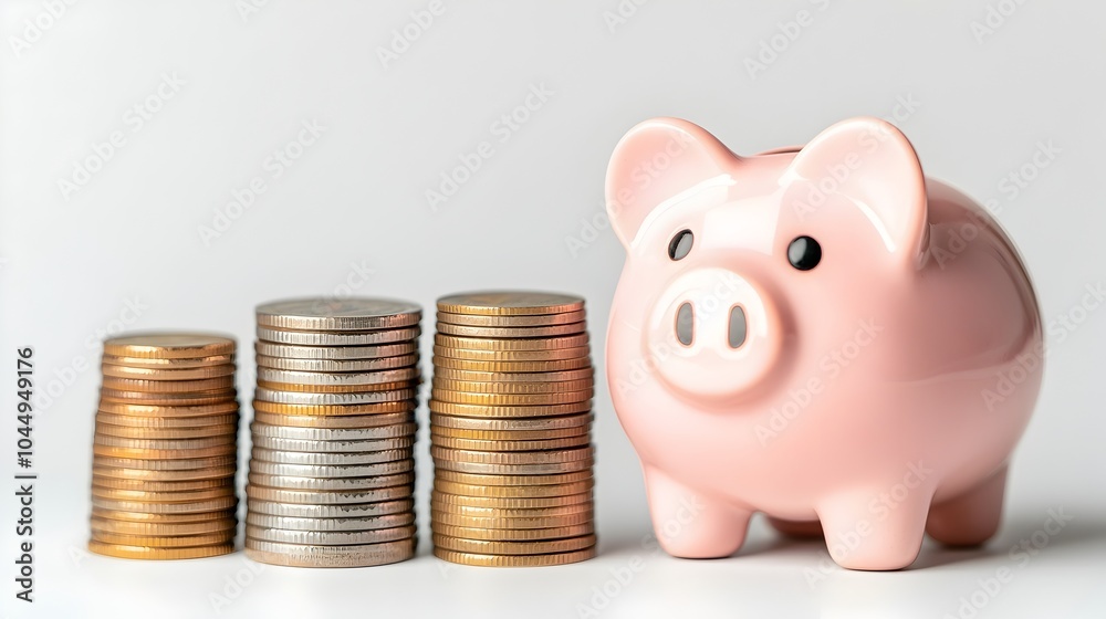 Poster A playful pink piggy bank displayed alongside increasing stacks of coins on a clean white background representing the growth and accumulation of personal savings and wealth