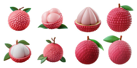 Colorful Lychee Fruits with Unique Textures and Designs, PNG collection, set bundle, isolate on transparent or white background