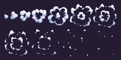 Smoke explosion game sprite or animated cloud steam of cartoon bomb blast, vector effect. TNT bomb explode with smoke cloud animation sprite sheet of blast and pop puff for cartoon dynamite explosion © Vector Tradition