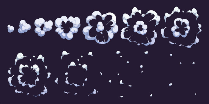 Smoke explosion game sprite or animated cloud steam of cartoon bomb blast, vector effect. TNT bomb explode with smoke cloud animation sprite sheet of blast and pop puff for cartoon dynamite explosion
