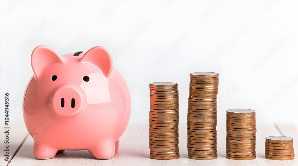Poster vibrant pink piggy bank standing on a bright white background with a set of rising coin stacks illus