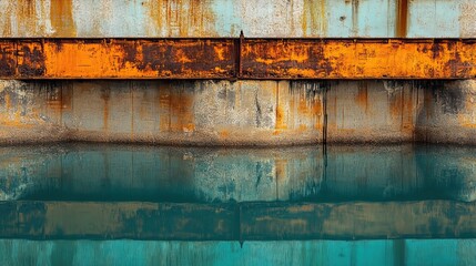 Rusty and Weathered Steel Bridge Structure Reflecting in Teal Water .