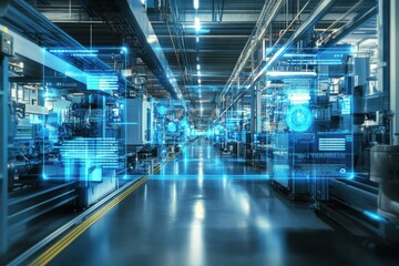 Futuristic factory floor with holographic screens and digital connections