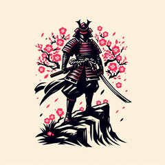 Drawing of a samurai with a sword and pink sakura flowers.