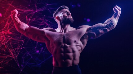 Obraz premium Empowered strength a portrait of a muscular man showcasing fitness and determination against a vivid background