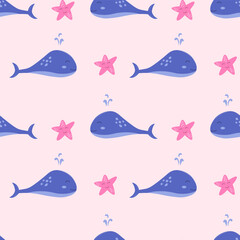 Vector seamless pattern with whale and starfish
