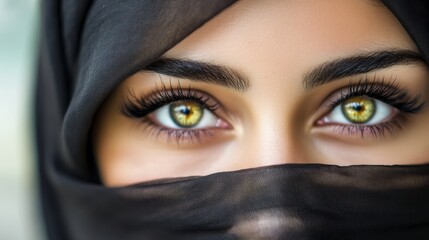 Naklejka premium Woman with long lashes and a black head scarf is smiling. a bright and cheerful mood. A girl in a black hijab with long eyelashes and a beautiful smile, background in music professional studio