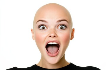 Woman with a shaved head and a surprised expression on her face. bald woman with extremely puckered lips and her cheeks are caving in from the pressure, wide eyes, excited, funny, white background,