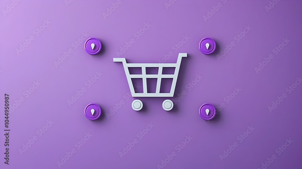 Fototapete Neumorphic style shopping cart icon with a purple gradient background and 3D pin buttons creating a modern and sleek visual representation of the online buying process