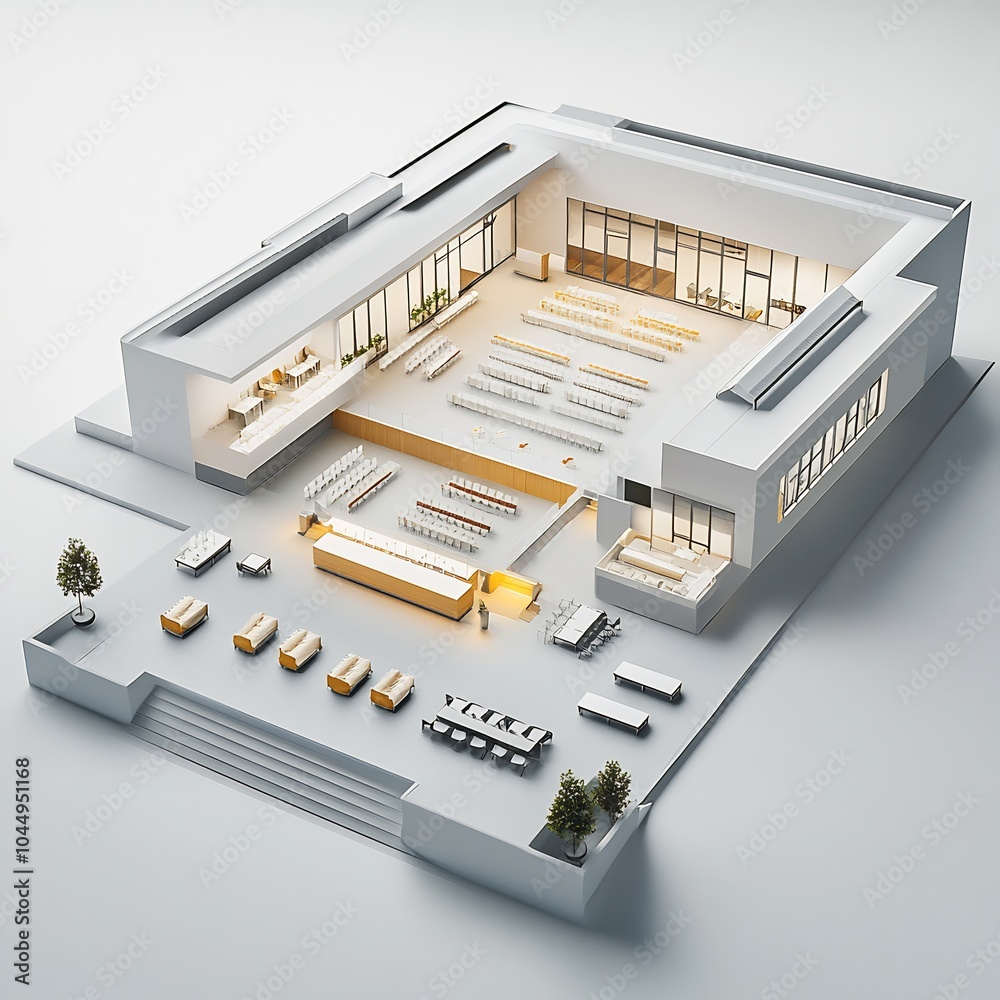 Poster top view 3d render of convention center with a wide open event space and adjacent rooms designed for