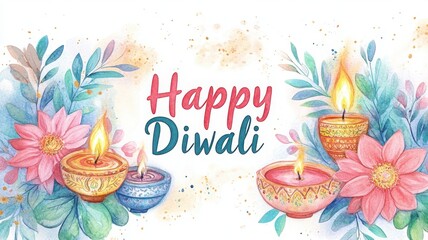 Fototapeta premium Elegant watercolor of Happy Diwali text with glowing lamps and flowers, surrounded by sparkling lights and warm colors to create a joyful festive atmosphere. Diwali