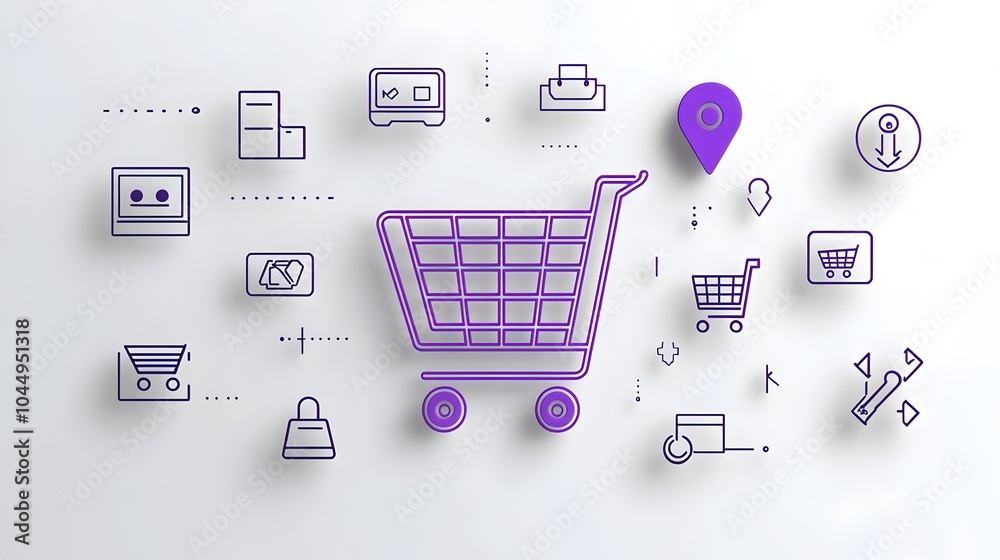 Fototapete Neumorphic styled shopping cart symbol with a purple gradient background featuring 3D pin buttons and outline signs  This modern ecommerce design element can be used for online store interfaces