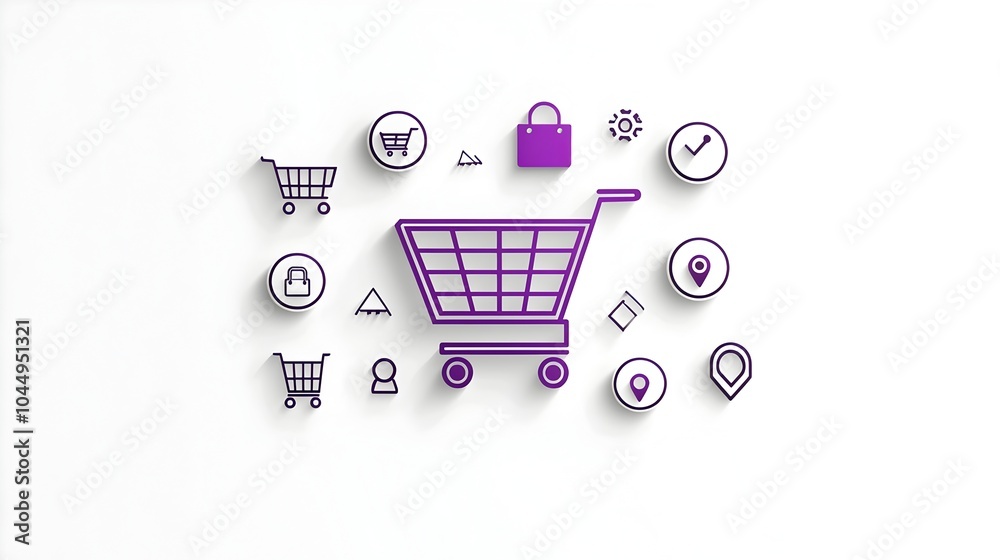 Fototapete stylized of a neumorphic shopping cart symbol with purple gradient background 3d pin buttons and out