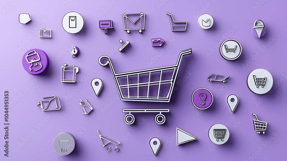 Fototapete neumorphic styled of a shopping cart symbol with a purple gradient background 3d pin buttons and out