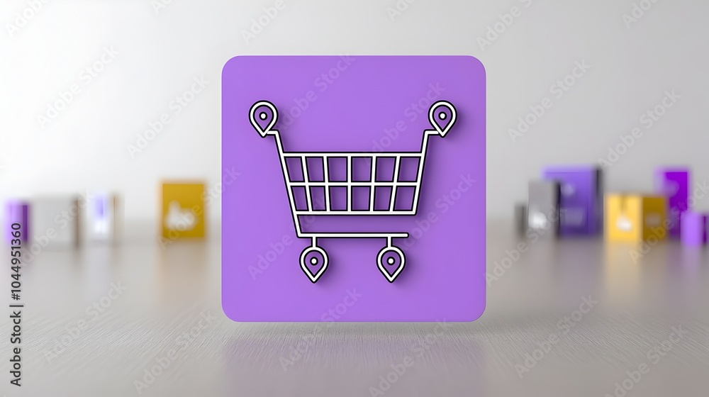 Aufkleber Neumorphic 3D shopping cart icon with a vibrant purple gradient background featuring clean line outlines and pin buttons for a modern online shopping interface design