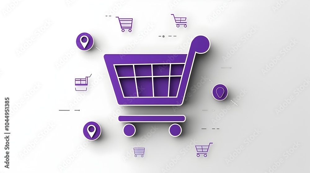 Aufkleber 3D Neumorphic Shopping Cart Icon with Minimal Line Outlines and Pin Buttons on a Purple Gradient Background for Modern Online Shopping Interface Design and E commerce Platform