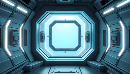 Futuristic space station window 3D rendering isolated with white highlights, png