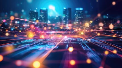 Colorful digital network with city skyline backdrop