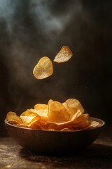 Delicious Potato Chips in a Bowl with Warm Lighting Background Generative AI