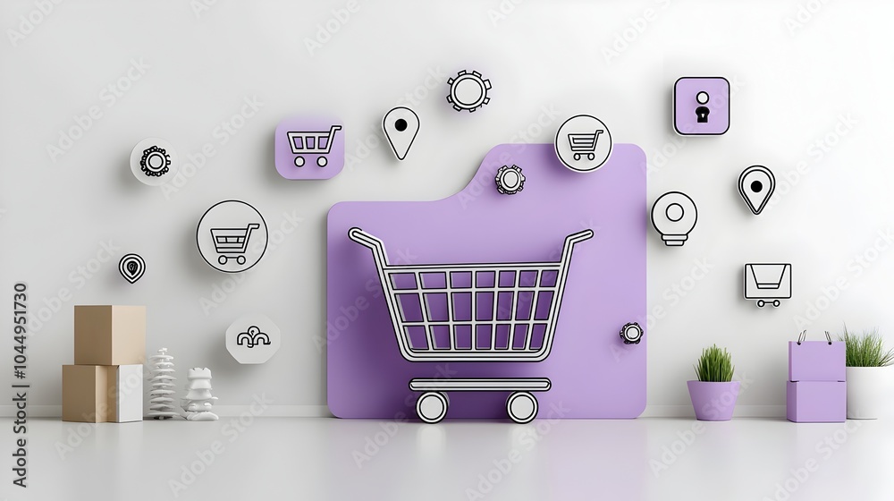 Aufkleber Neumorphic shopping cart with a sleek purple gradient soft 3D pin buttons and outlined symbols representing a supermarket basket and ecommerce experience