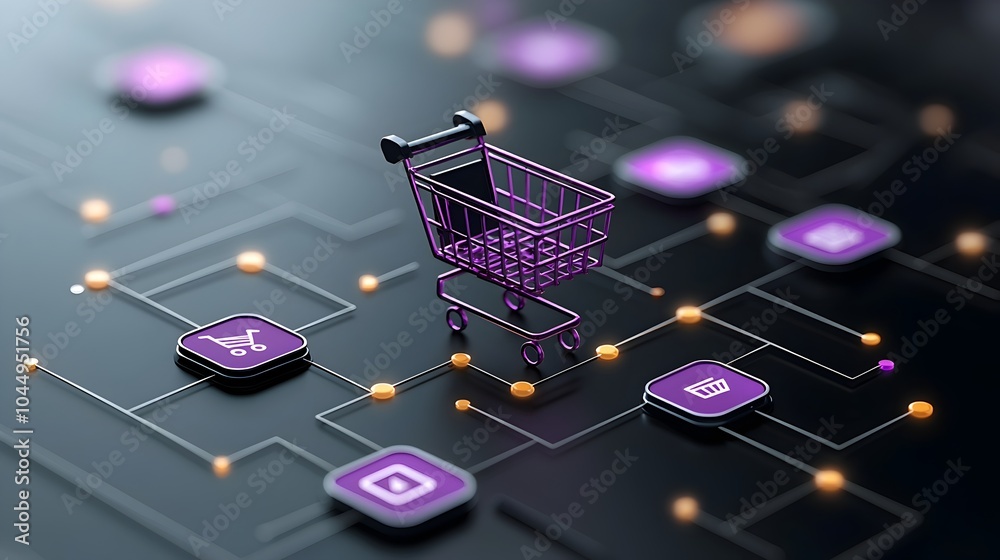Aufkleber Minimalist and clean shopping cart line icon featuring neumorphic purple gradient buttons and 3D geometric elements creating a modern and visually appealing online buying symbol for e commerce