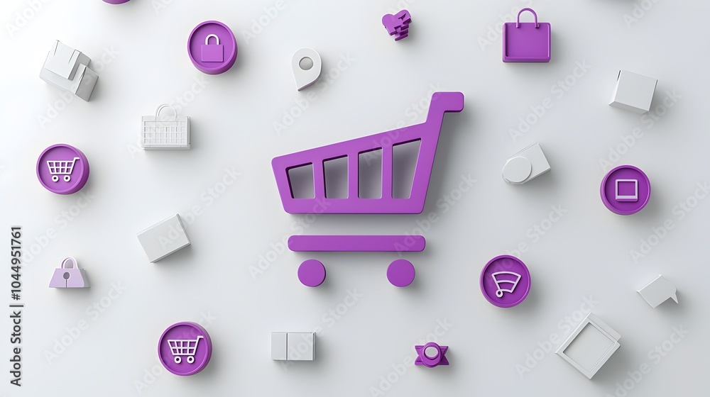 Poster Minimalist and modern online shopping cart icon with neumorphic purple gradient buttons and 3D design elements creating a clean and stylish symbol for e commerce digital retail