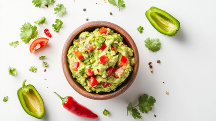 Bell pepper with guacamole healthy food isolated on white background