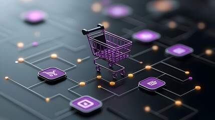 Minimalist and clean shopping cart line icon featuring neumorphic purple gradient buttons and 3D geometric elements creating a modern and visually appealing online buying symbol for e commerce