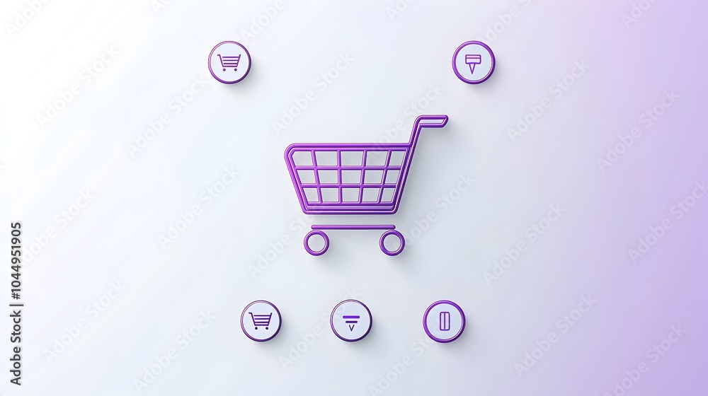 Fototapete Minimalist and modern neumorphic style shopping cart icon with 3D pin buttons and a soft purple gradient background designed for ecommerce platforms and websites