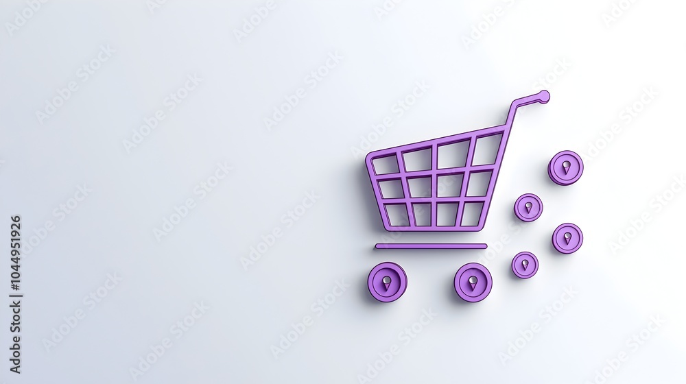 Poster Neumorphic shopping cart line icon with a soft purple gradient background 3D pin buttons and a design for ecommerce platforms and digital retail websites