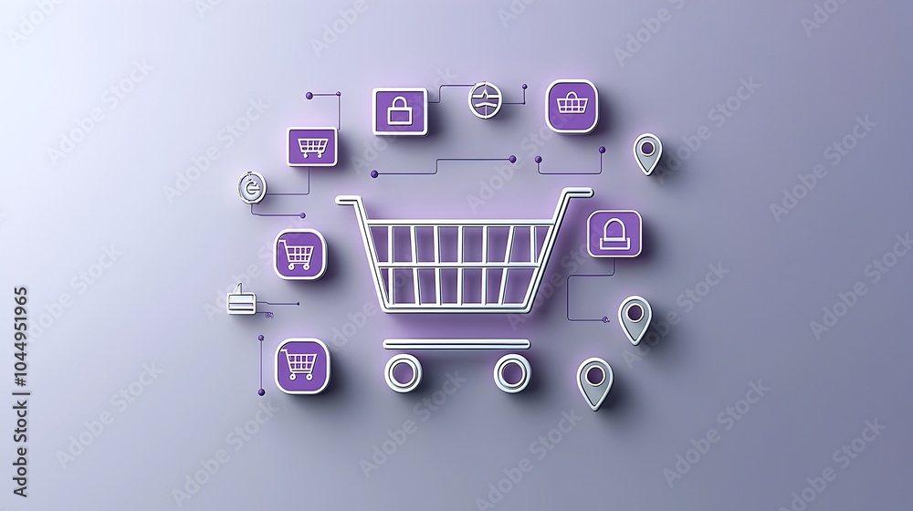 Leinwandbilder soft neumorphic style shopping cart line icon with purple gradient background 3d pin buttons and des