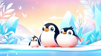 Obraz premium A family of penguins huddled together on an icy landscape, with pastel-colored icebergs in the background.