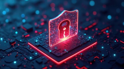 A 3D visualization of a digital firewall featuring a glowing protective barrier that blocks cyber threats, showcasing layers of security and technology.