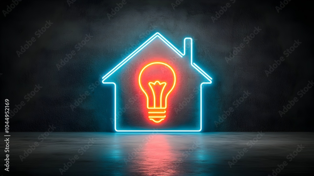 Poster bright neon house with solar panels and a glowing plug symbol set against a dark background illustra