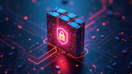 A 3D visualization of a digital firewall featuring a glowing protective barrier that blocks cyber threats, showcasing layers of security and technology.