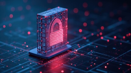A 3D visualization of a digital firewall featuring a glowing protective barrier that blocks cyber threats, showcasing layers of security and technology.