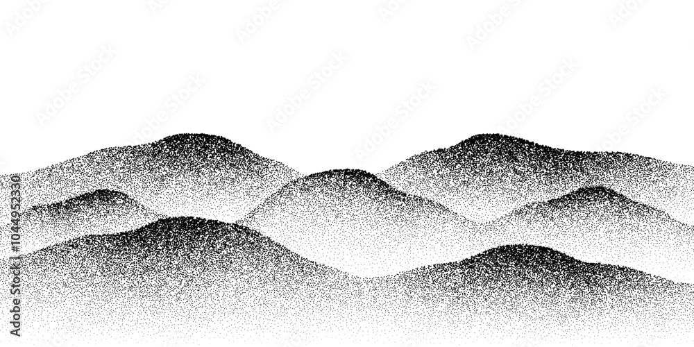 Poster Noise grain halftone mountains and hills. Vector black and white noisy texture, gradually transitioning in density to form the shape of rolling hills and peaks. Modern, abstract pointillism effect