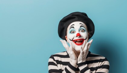 Funny mime with beret posing on light blue background, Comedic portrait of a mime in a playful pose Generative AI