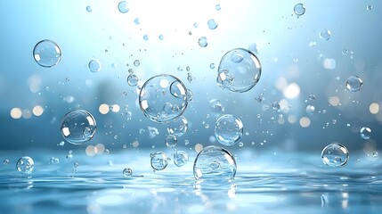 Big water air bubbles suspended in fluid motion on a blue gradient background forming a dynamic and elegant aquatic wallpaper design  This abstract and minimalist digital has a peaceful serene
