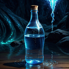A glass bottle with a cork stopper sits on a wooden surface, filled with glowing blue liquid. A stream of the same liquid descends from above, creating ripples in the surrounding water. The backgroun